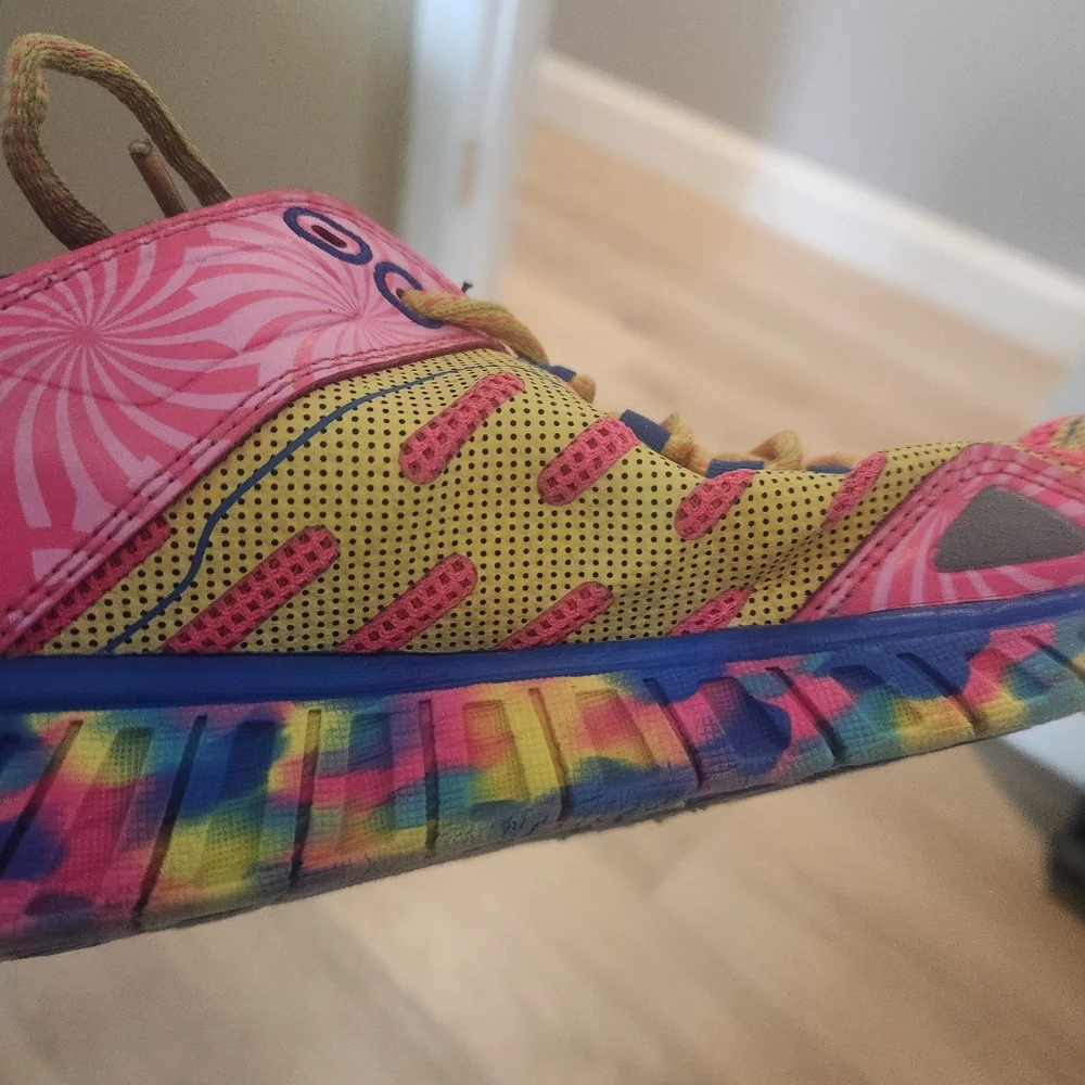 Fila multi color tennis shoe. Pink, yellow, and blue. Great tread. Yellow laces